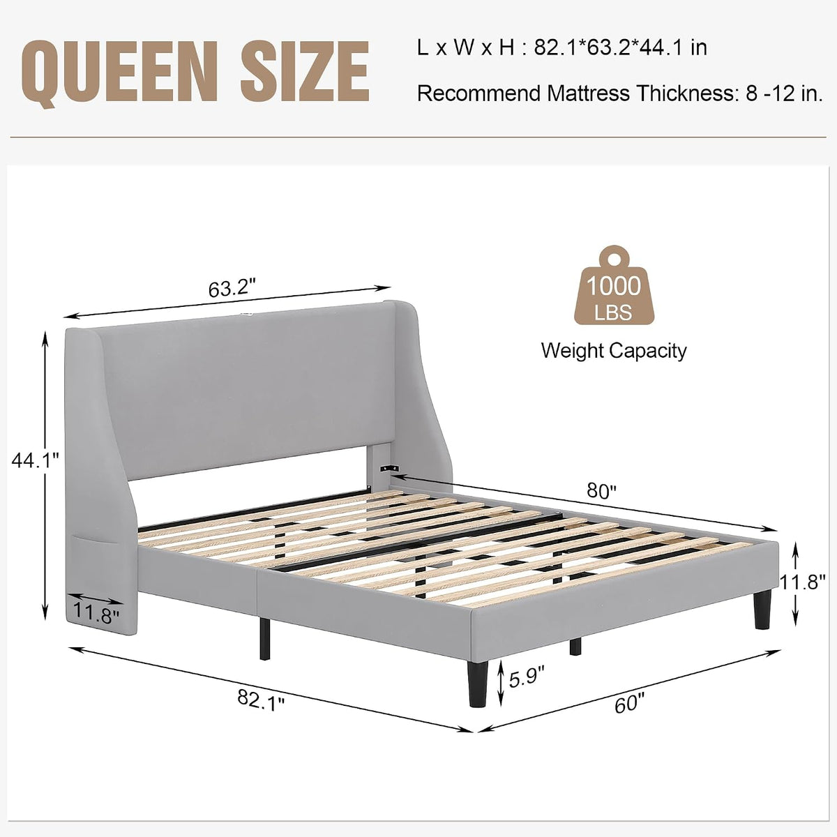 vecelo queen bed frame with upholstered wingback headboard, package contents