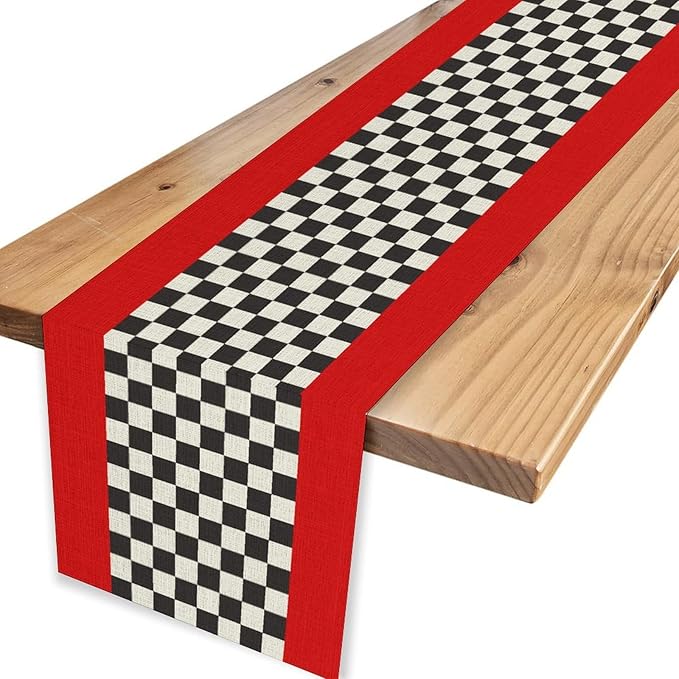 Race Car Table Runner, Kids Themed Race Track Black and White Checked Table - Image 4