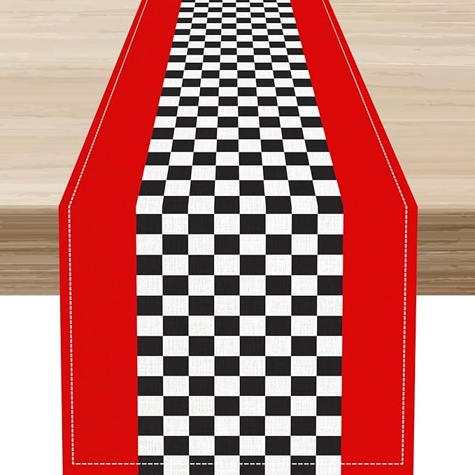 Race Car Table Runner, Kids Themed Race Track Black and White Checked Table by Unknown