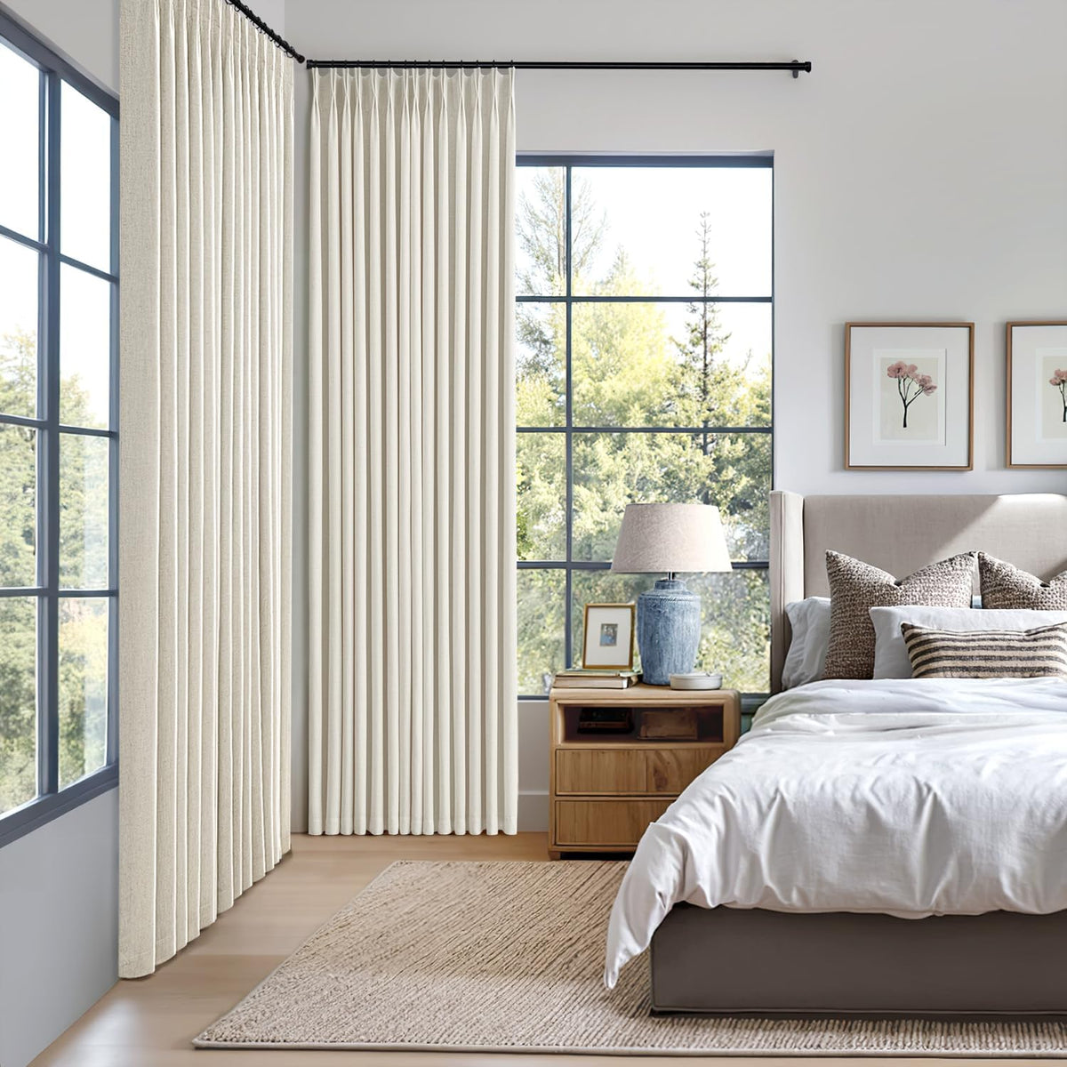 miulee natural pinch pleated 100% blackout linen curtains shown in use