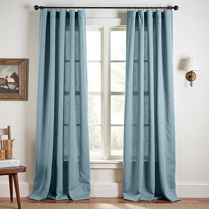 jinchan Blue Linen Blend Curtains 96 inch Length 2 Panels by JINCHAN