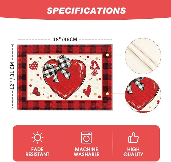 Artoid Mode Bow Tie Heart Valentine Placemats Set of 4, 12x18 Inch Seasonal Red - Image 6