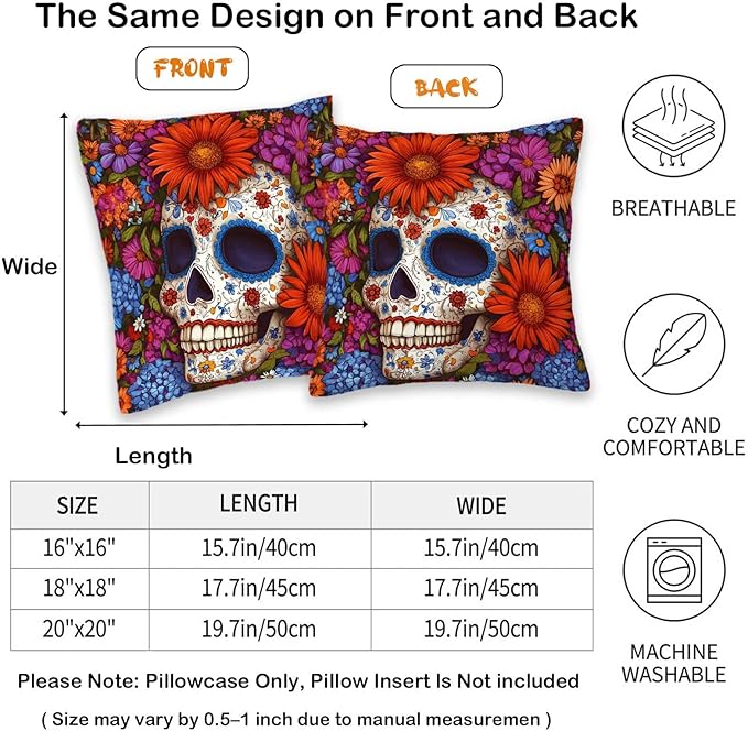 Day of The Dead Skull Throw Pillow Covers 18x18 Set of 2 | Sugar Skull - Image 6