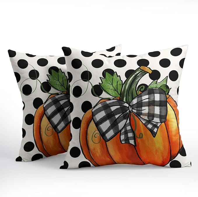 Fall Outdoor Pillows Covers 20x20 Inch Set of 2 Orange Pumpkin Black Polka Dot - Image 2