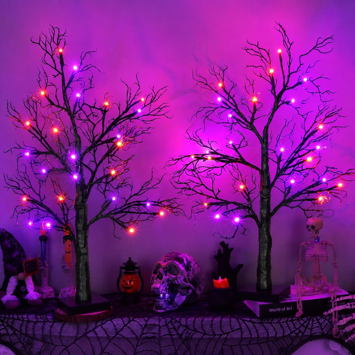 [Timer] 2 Pack Halloween Decorations Indoor, 24 Inch Lighted Black Halloween Tree with 24 Orange & Purple Lights, USB or Battery Powered Spooky Tabletop Tree for Home, Party, Fireplace & Holiday Decor