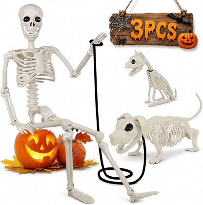 36" Halloween Skeleton Decorations - 3FT Posable Skeleton with Dog & Cat