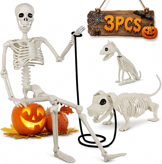 36" Halloween Skeleton Decorations - 3FT Posable Skeleton with Dog & Cat