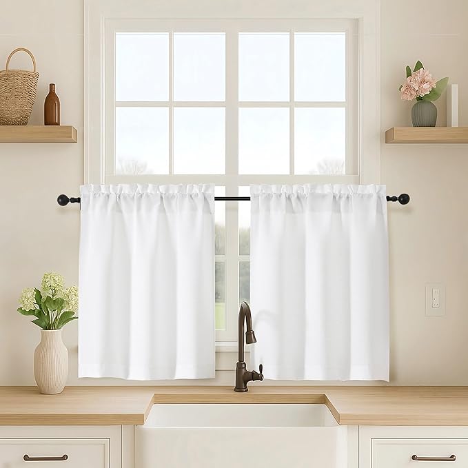 OVZME White Kitchen Curtains Over Sink 24 Inch Length, Light Filtering Thick by OVZME