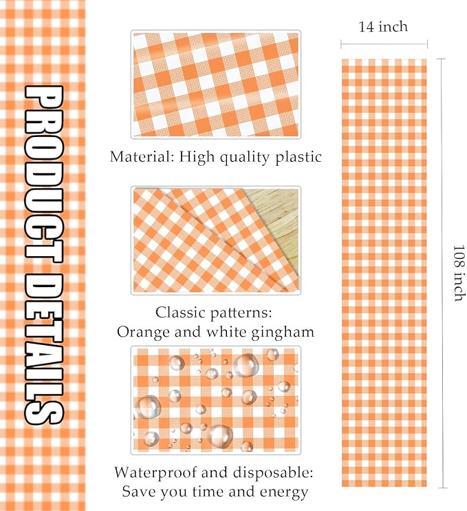 3 Pcs Orange and White Checkered Table Runner Plastic 14 x 108 Disposable - Image 3