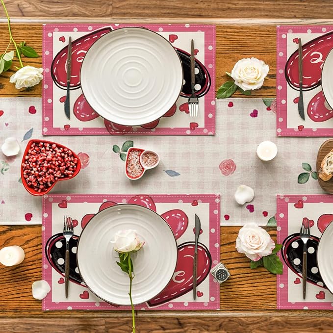 Artoid Mode Dot Hearts Love Pink Valentine's Placemats Set of 4, 12x18 Inch - Image 5