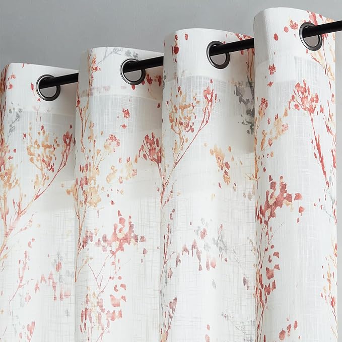 Treatmentex Tree Print Semi-Sheer Curtains 63inch Length White Red Orange - Image 5