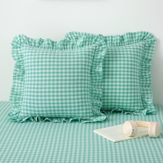 2 Pack Spa Blue Gingham Ruffle Euro Sham Pillow Covers, 100% Washed Cotton by KMASANIJI