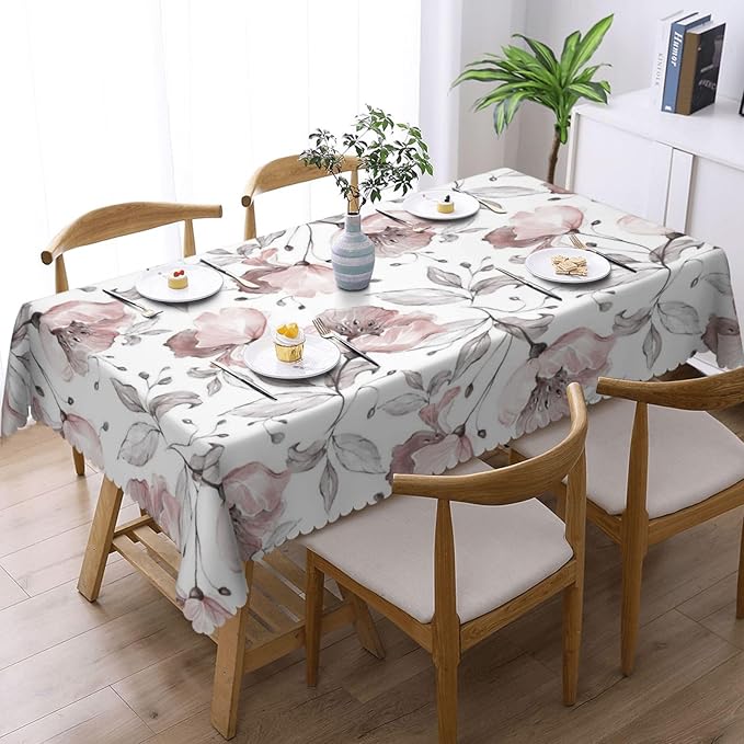 Pink Rose Tablecloth Watercolor Floral Gray Leaf Spring Flowers Leaves Table - Image 2