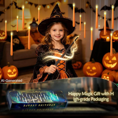 kakoya Flameless Floating Candles with Wand，20 Pcs Magic LED Hanging Taper Candles，Flickering Battery Operated Taper Candle with Wand Remote for Halloween Decorations Best Gift(Orange)