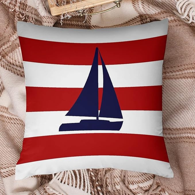 Myshe Square Nautical Navy Blue Sailboat On Red Stripes Throw Pillow Cover - Image 6
