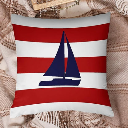 Myshe Square Nautical Navy Blue Sailboat On Red Stripes Throw Pillow Cover - Image 6