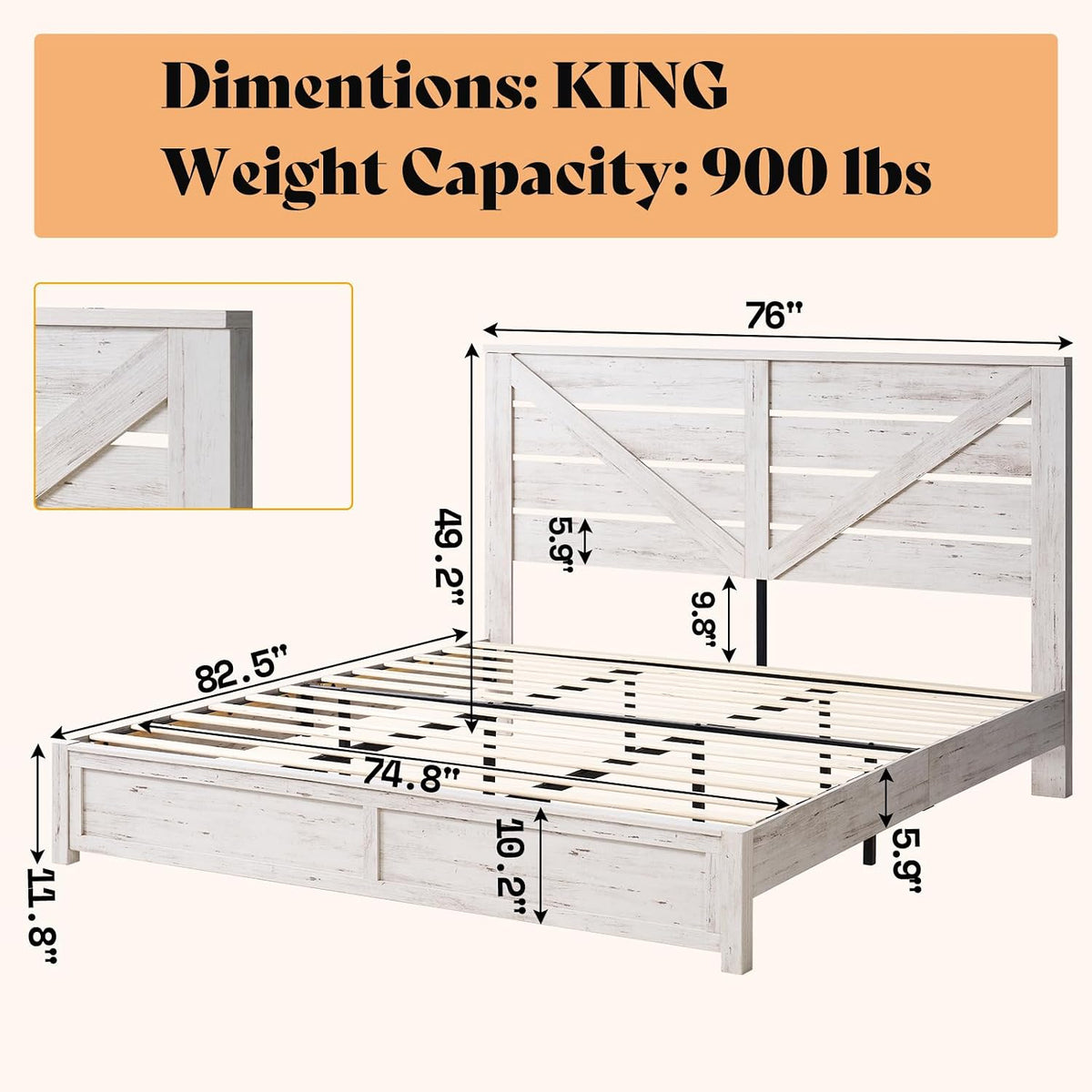 amerlife farmhouse king size bed frame with 49.2"barn shown in use