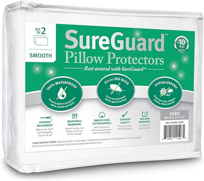 Set of 2 Euro Size SureGuard Pillow Protectors by SureGuardMattressProtectors