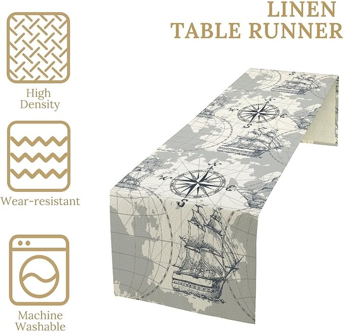 Nautical Sailboat Table Runner Vintage Adventure Coastal Compass Anchor Sketch - Image 4