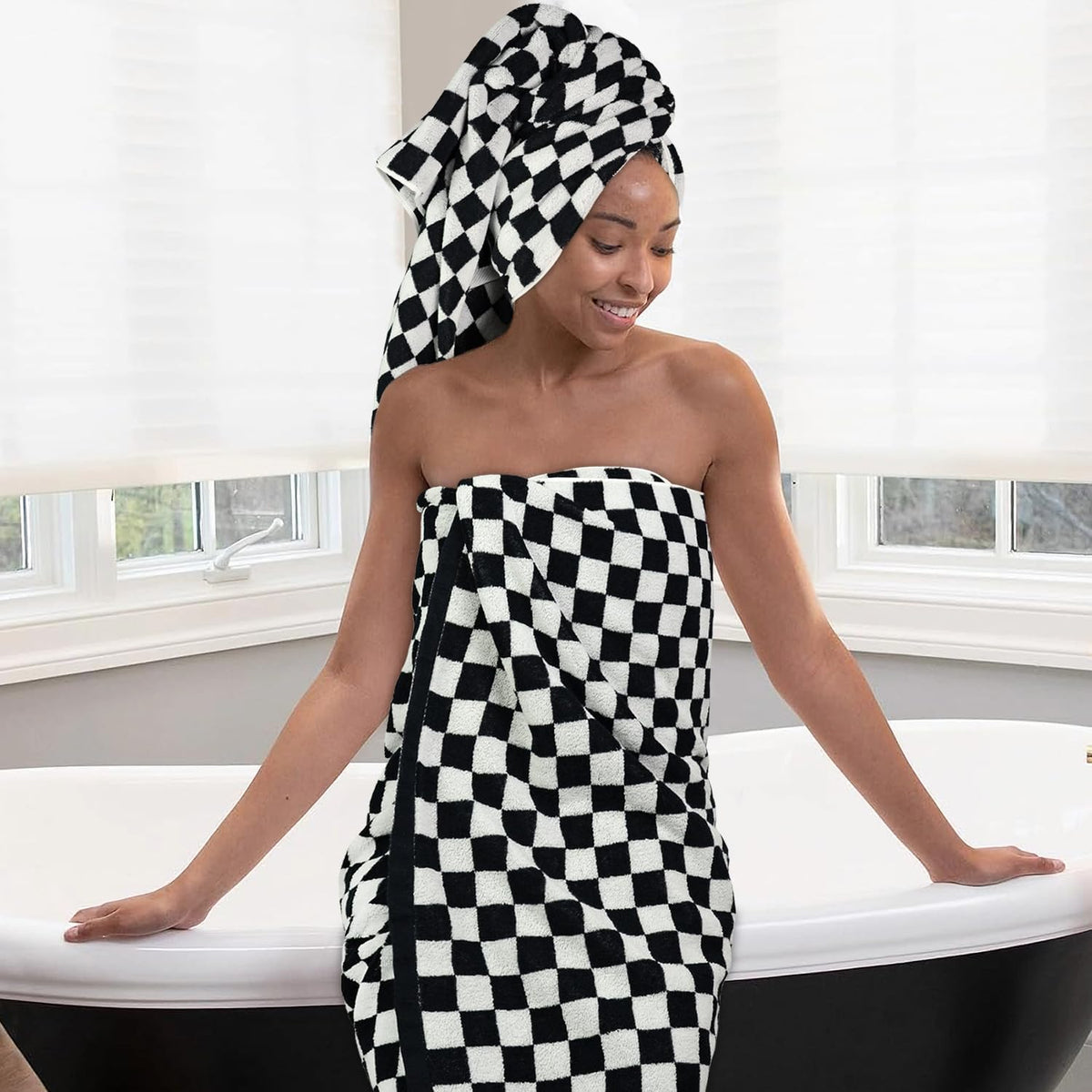 jacquotha black and white checkered cotton bath towels on a desk or shelf