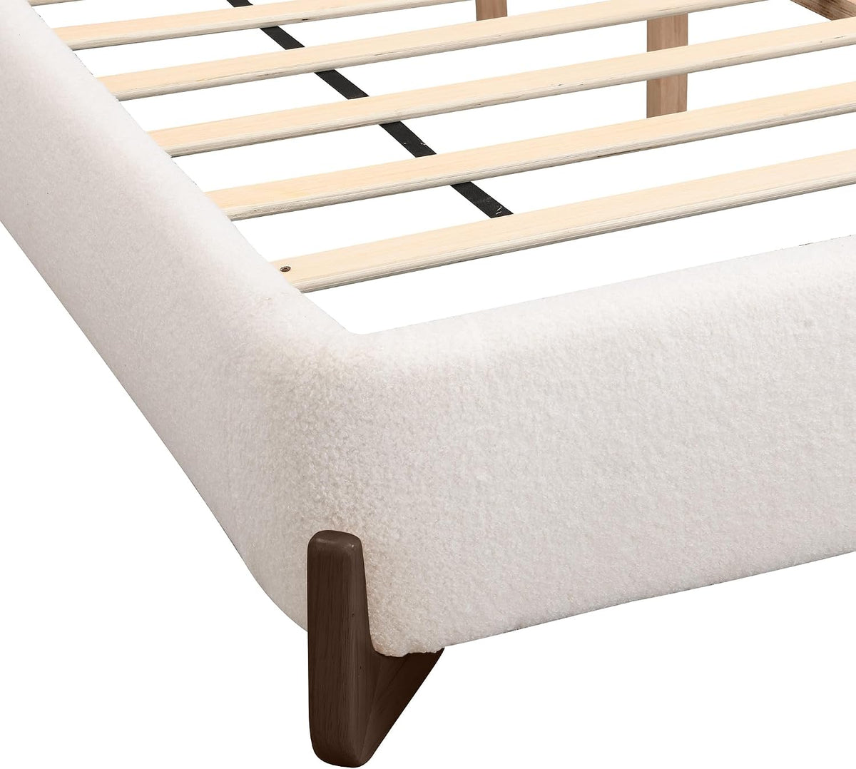 merax boucle king bed, upholstered bed frame and on a desk or shelf
