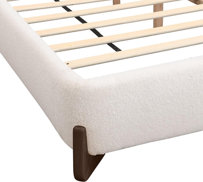 merax boucle king bed, upholstered bed frame and on a desk or shelf