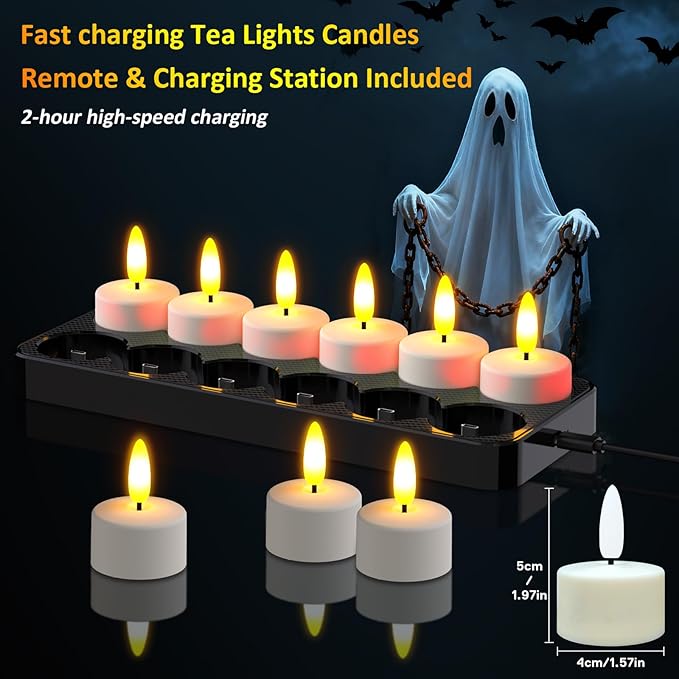 HL Rechargeable LED Tea Lights with USB Charging Base & Remote Timer - Battery Operated Flameless Flickering Votive Candles for Weddings, Emergency, Halloween, and Christmas Decorative 12pcs