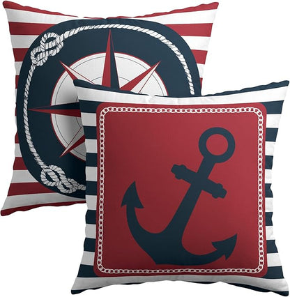 Anchor Compass Throw Pillow Cases Outdoor Nautical Pillow Covers Blue and White by Granbey