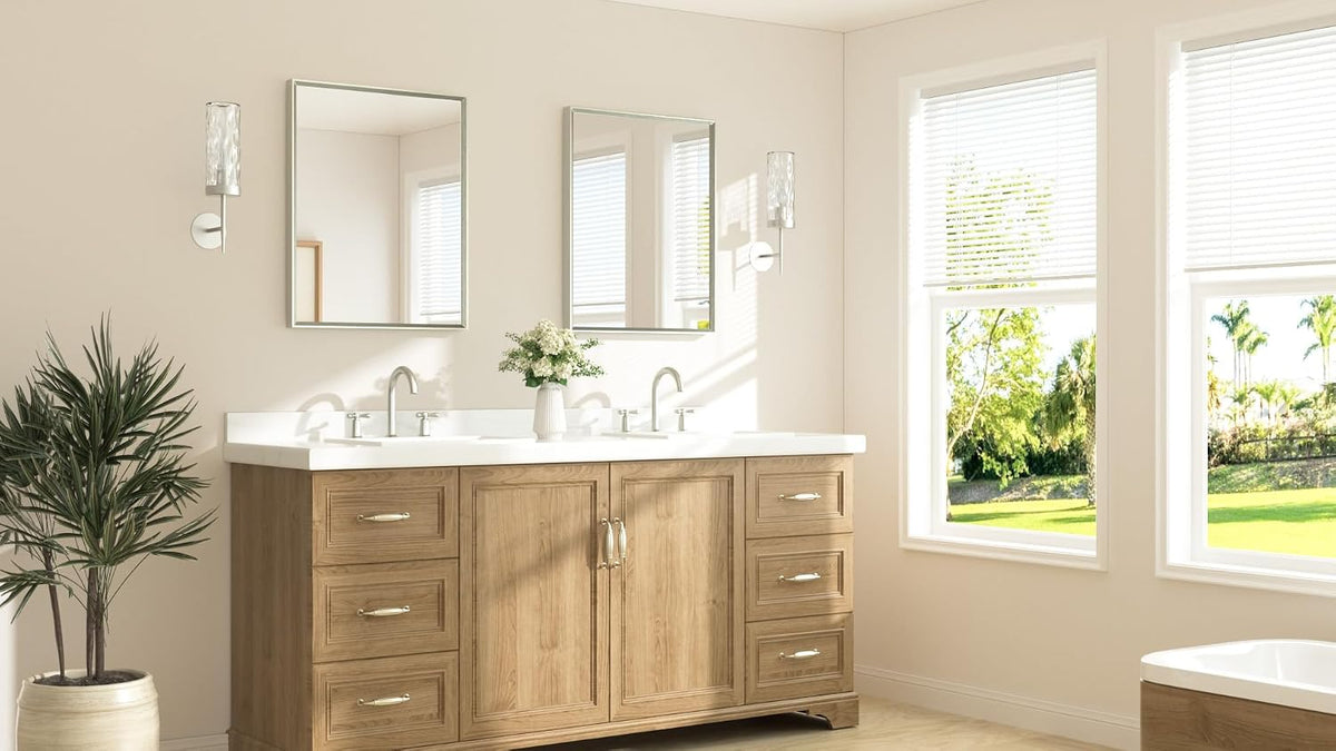 tetote brushed nickel bathroom mirror 24" x 30" shown in use