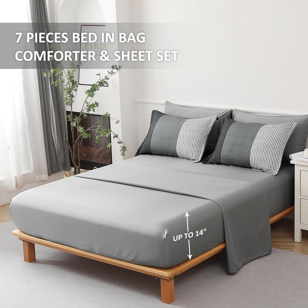 Grey Full Size Comforter Set, 7 Pieces Striped Bed in a Bag with Sheets