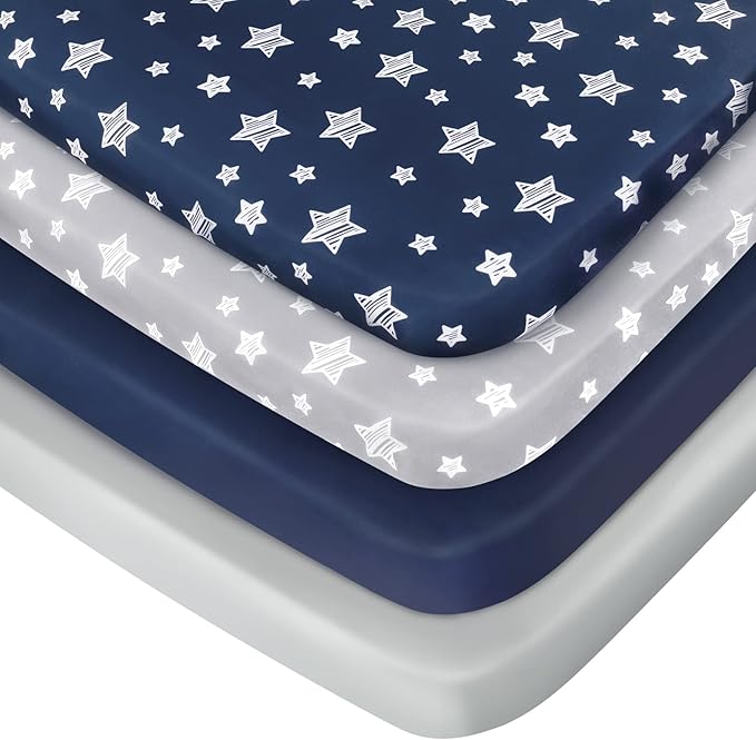 Pack and Play Sheets Boys, 4 Pack Mini Crib Sheets, Stretchy Pack and Play by Moonsea
