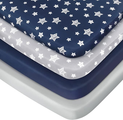 Pack and Play Sheets Boys, 4 Pack Mini Crib Sheets, Stretchy Pack and Play by Moonsea