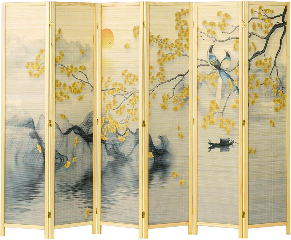 MyGift 6 Panel Bamboo Room Divider, Dual Sided Asian-Inspired Artwork