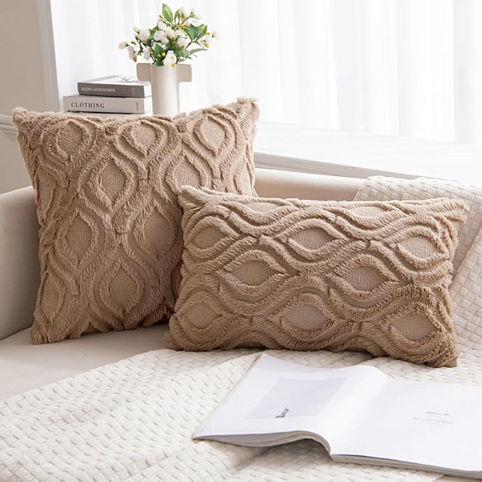 MIULEE Light Brown Throw Pillow Covers 12x20 Inch, Soft Winter Plush Faux Wool - Image 4