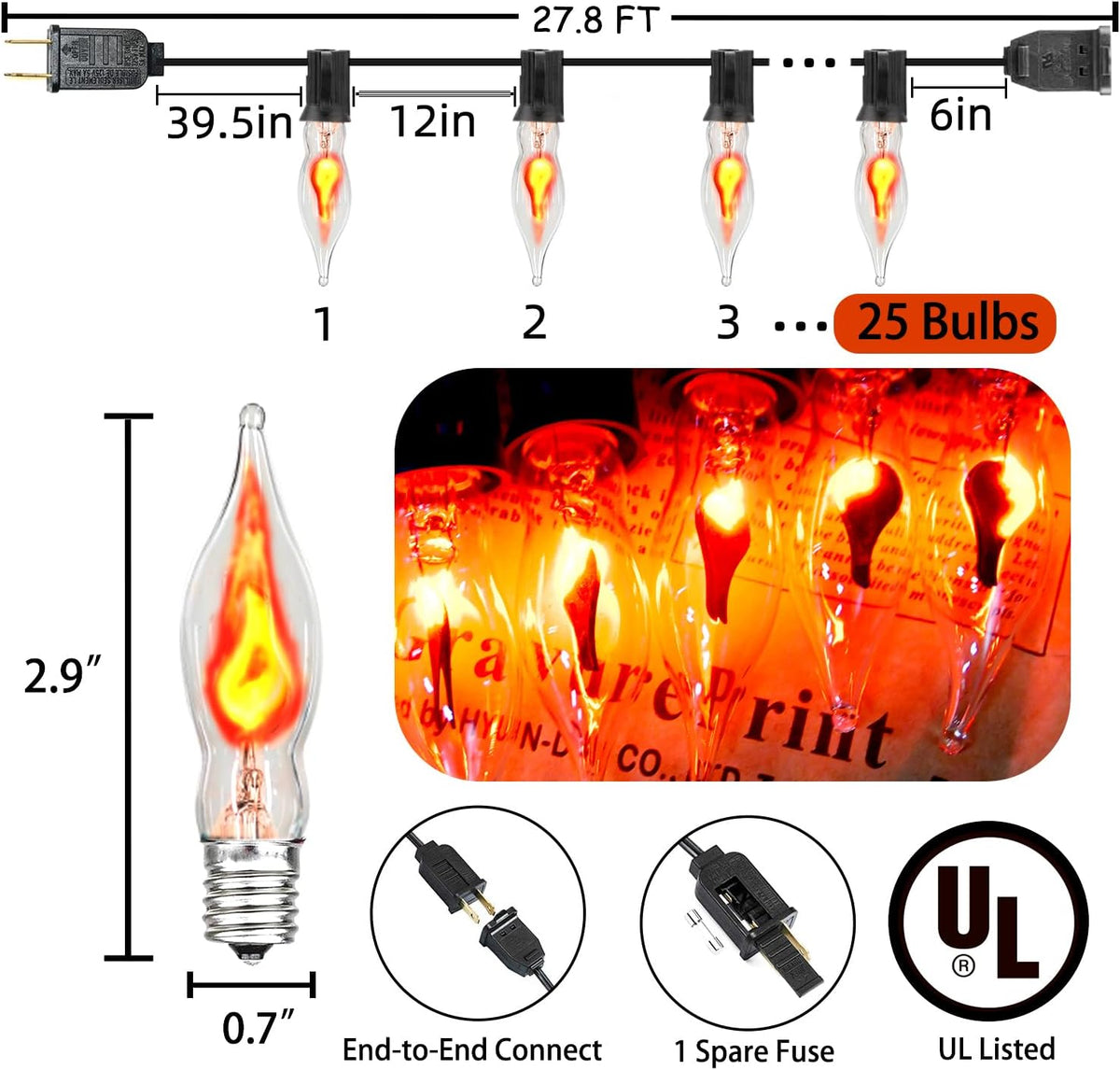 PASUTO 27.8Ft Halloween Decor Lights Flickering Flame String Lights with 25+4 Pack Clear Glass Flame Light Bulbs for Fall Decor Halloween Decorations Indoor Outdoor Home Party Fireplace, E12 Base