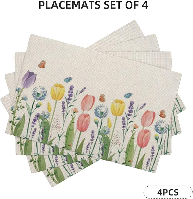 Spring Placemats Set of 4, Tulip Lavender Flower Decorative Table Mat 12 x 18 - Image 2