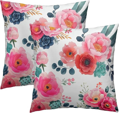 Watercolor Peony Throw Pillow Covers 18x18 Inch Set of 2 Pink Floral Girly by Granbey