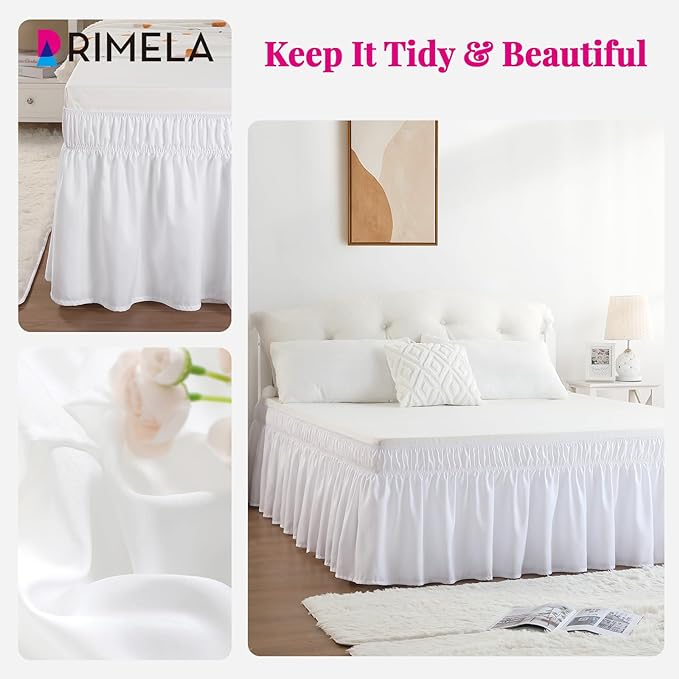 RIMELA Queen Bed Skirt 14 Inch Drop White, Wrap Around Elastic Bed Skirts Queen - Image 3