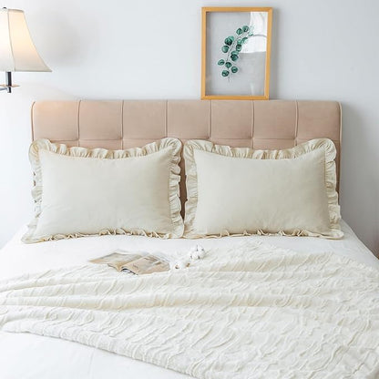 Pillow Shams Set of 2 Washed 100% Cotton Retro Ruffle Flounces Trim Solid Beige - Image 3
