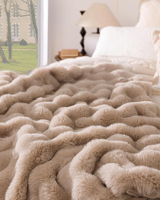 Ultra Soft Cozy Faux Fur Throw Blanket, Fuzzy Plush Thick Bubble Blanket - Image 2