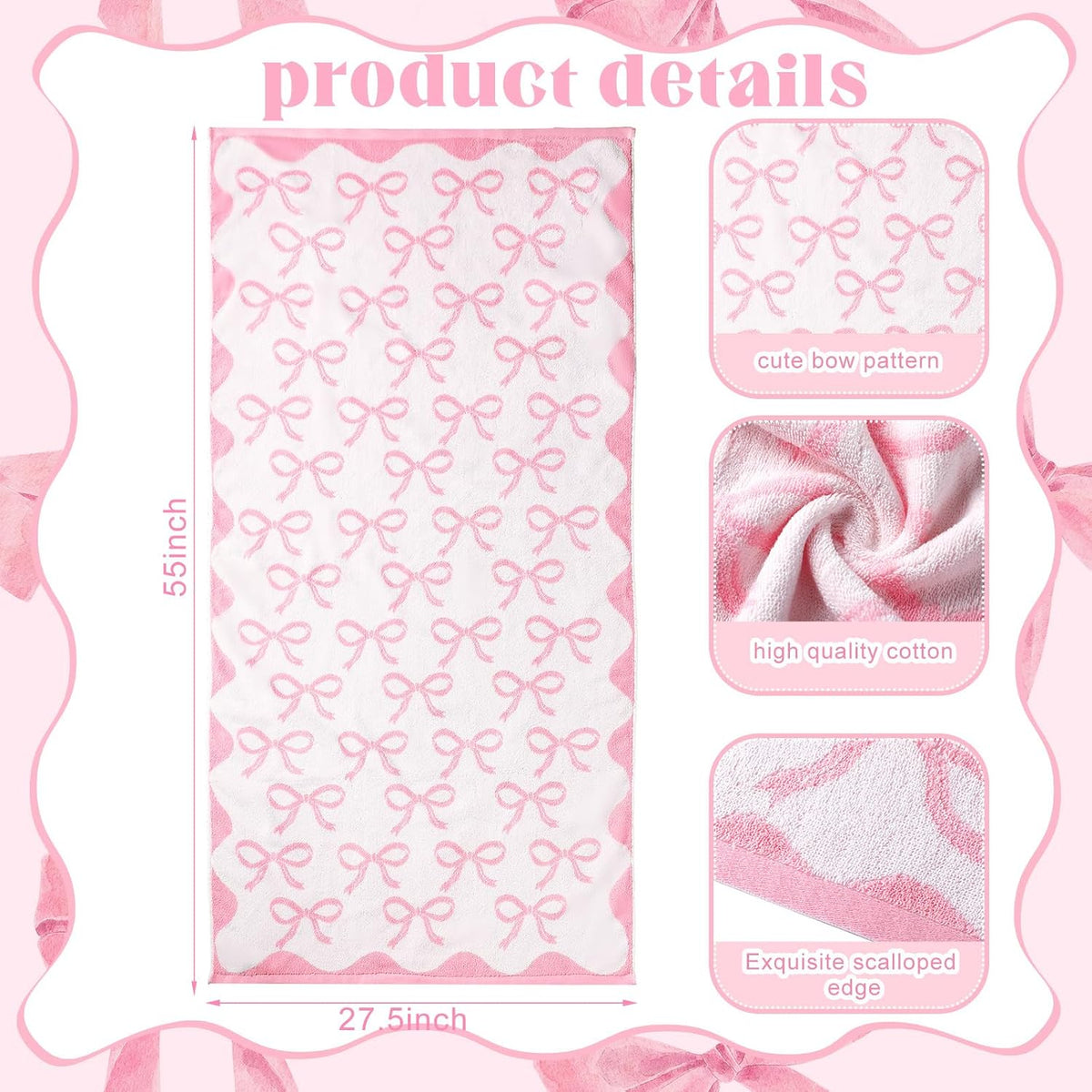 pink bow towel, 28 x 55 in 100%, close-up detail