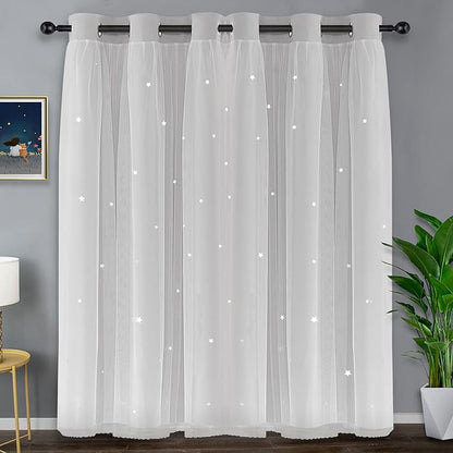 Kinryb White Star Cut-Out Window Curtains Double Layer Thermal Insulated Light - Image 2