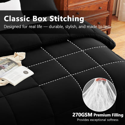cozylux full size comforter sets, 3-piece box-stitched, black, side view