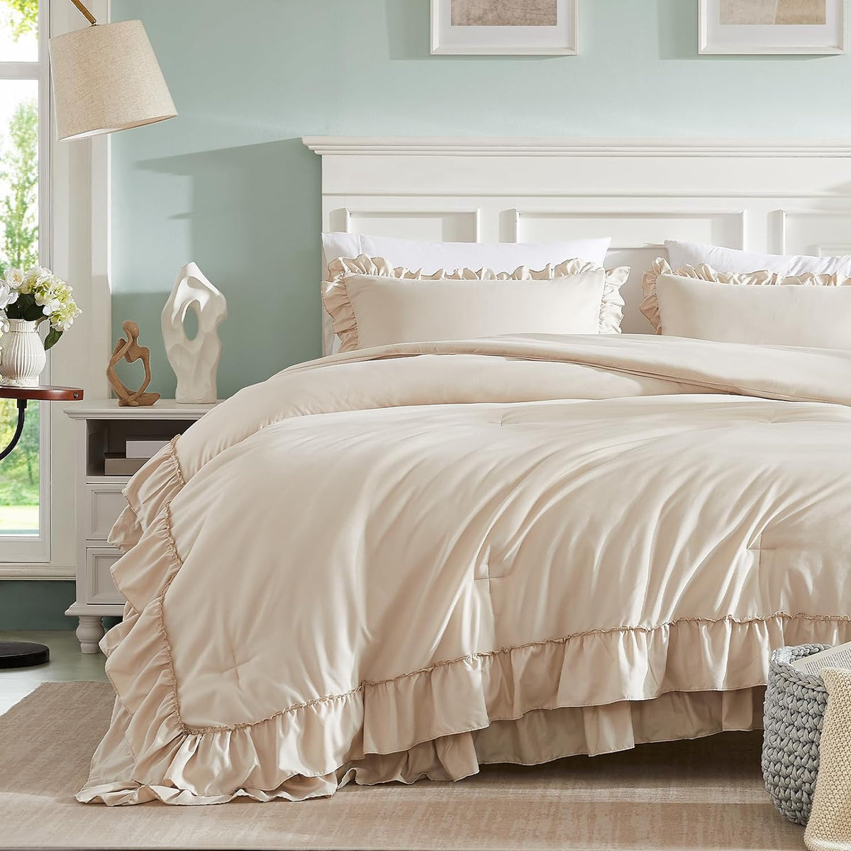 cupocupa beige queen comforter set, 3pcs comforters ruffle, close-up detail