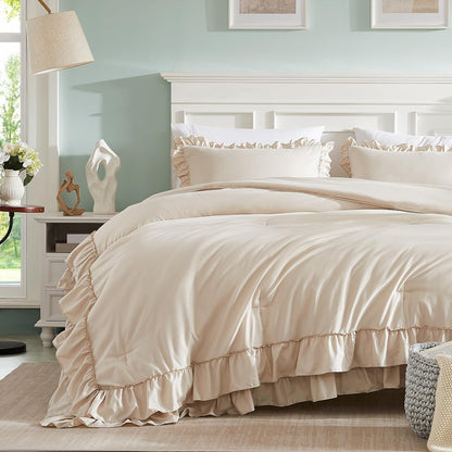 cupocupa beige queen comforter set, 3pcs comforters ruffle, close-up detail
