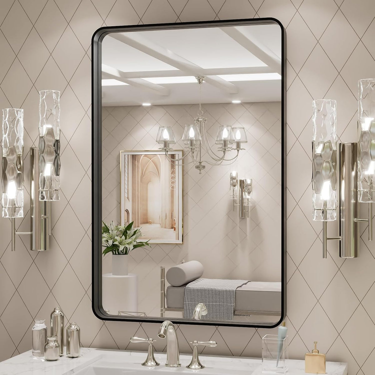 loaao 24x30 inch black metal framed bathroom mirror, close-up detail
