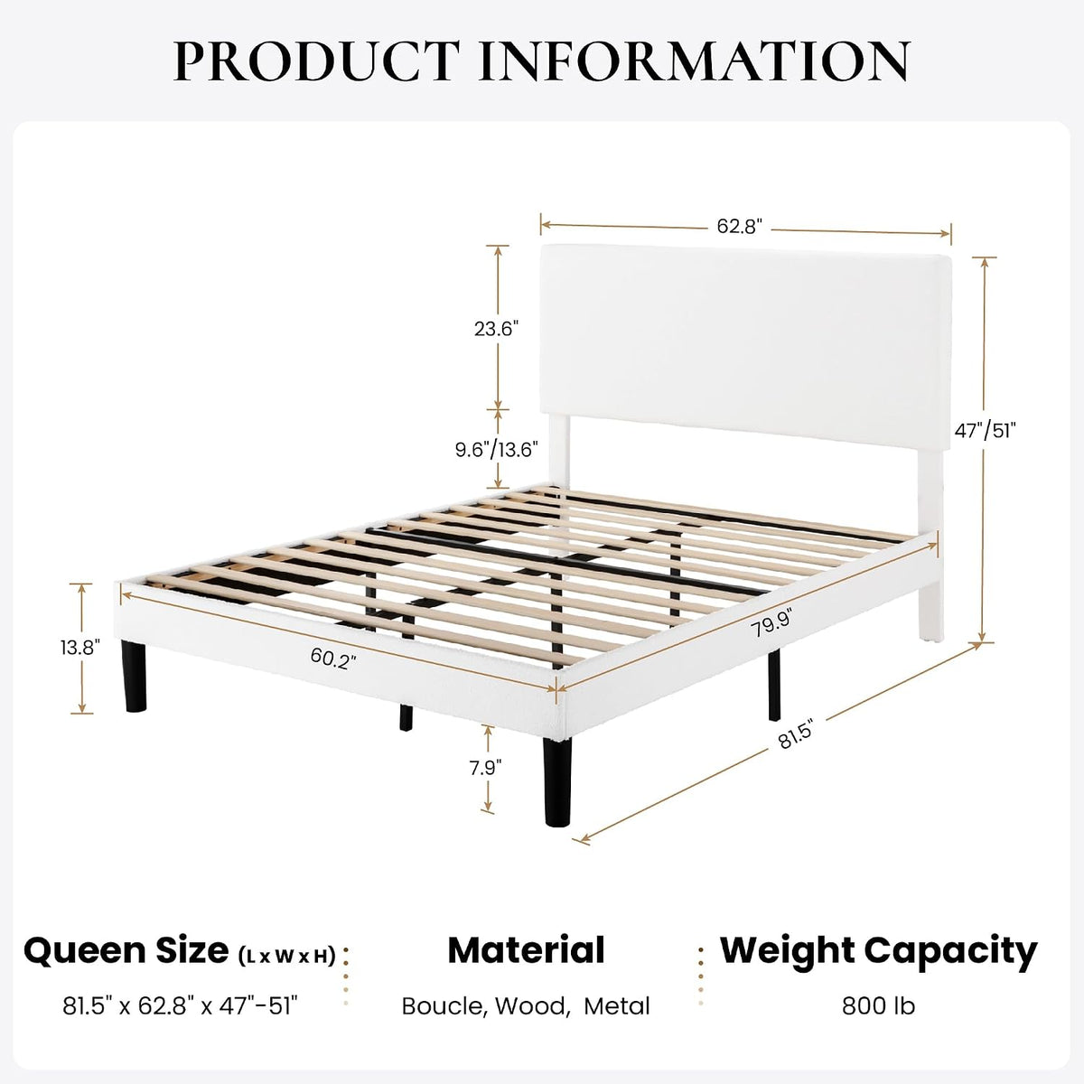 sha cerlin boucle upholstered queen size bed frame shown in use