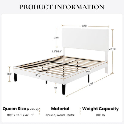 sha cerlin boucle upholstered queen size bed frame shown in use