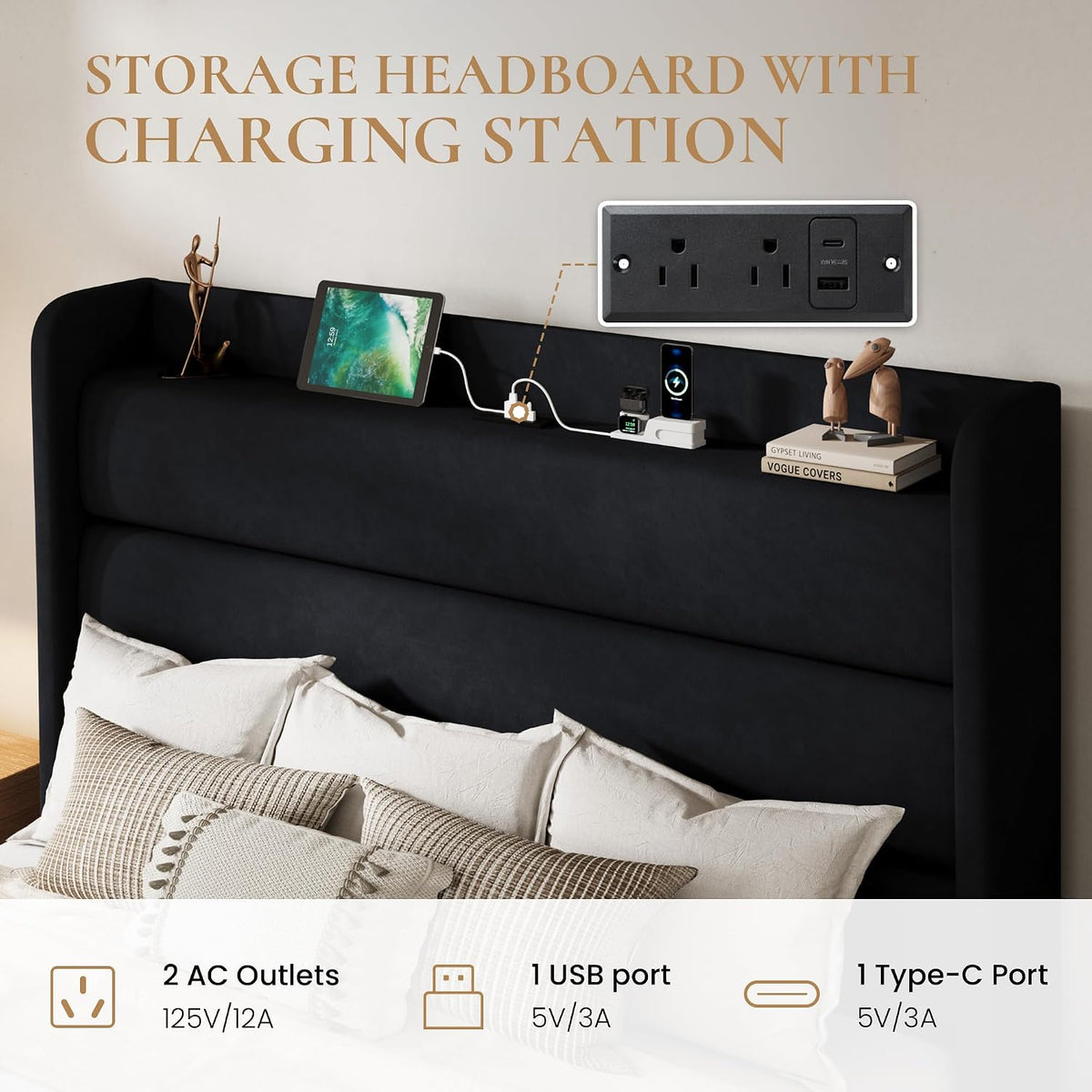sha cerlin storage queen bed frame with charging showing dimensions