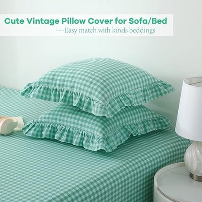 2 Pack Spa Blue Gingham Ruffle Euro Sham Pillow Covers, 100% Washed Cotton - Image 4